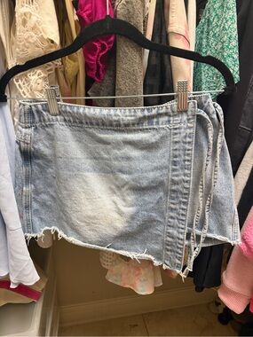 Light Wash Denim Mini skort with Frayed Hem